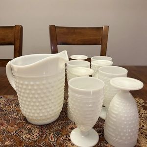 Vintage Anchor Hocking Milk Glass Pitcher and 8 Tumblers Set HOBNAIL